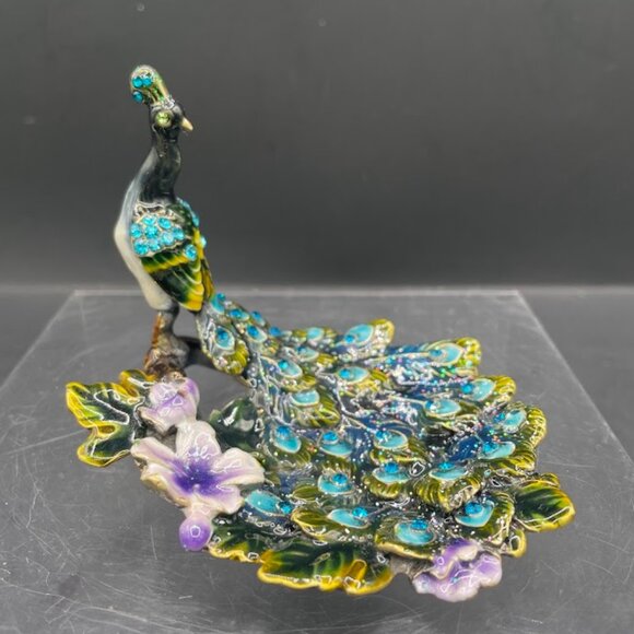Enamel on Brass Colorful Peacock on Branch Trinket Dish Tray with Rhinestones - Picture 1 of 7
